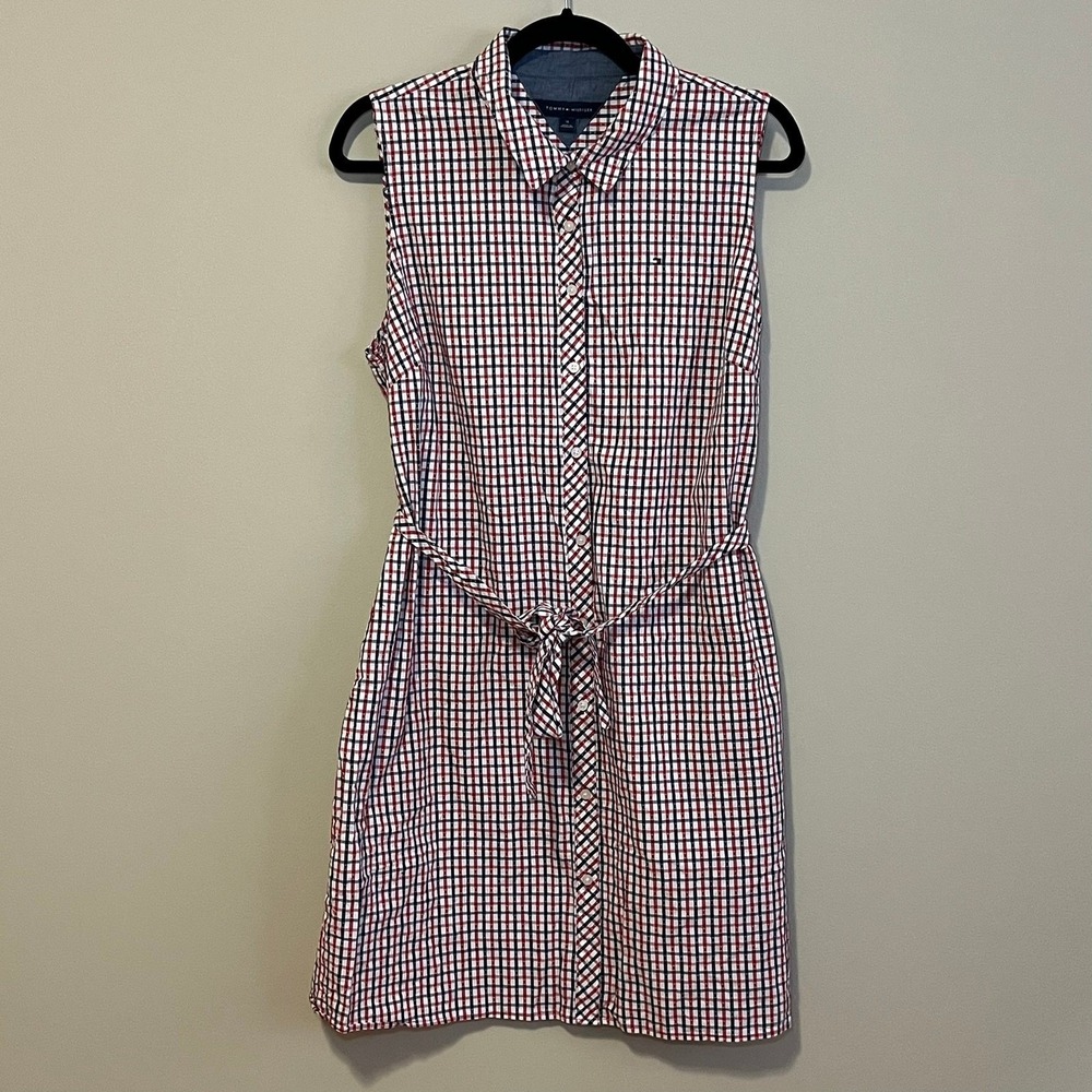 Tommy Hilfiger Shirt Dress Red White Blue Plaid Belted Sleeveless Cotton Size 14 - Picture 2 of 8